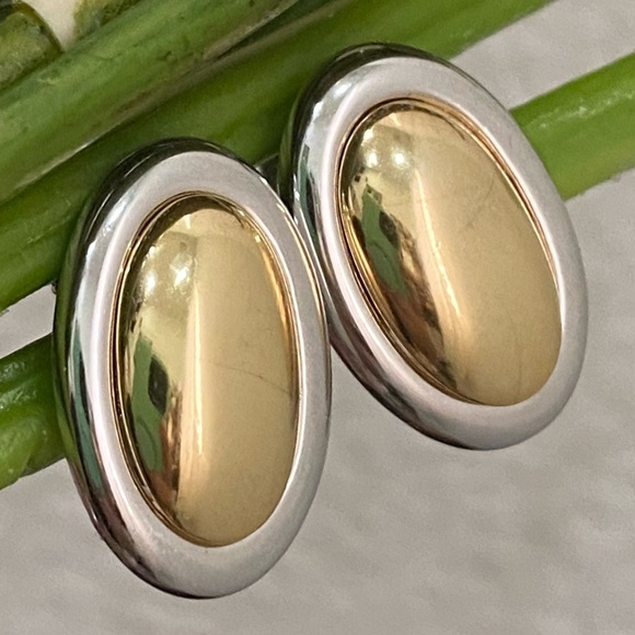 Vintage NAPIER 2-tone High Polished Metal Oval Cabochon Modernist Earrings 12g. - Picture 3 of 14